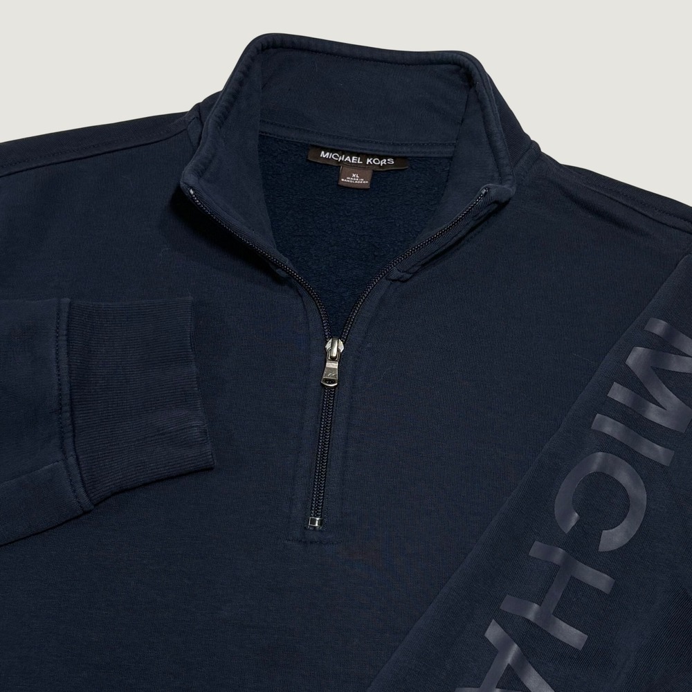 Michael Kors Quarter Zip Pullover Men XL Navy Blue Sleeve Logo Fleece Sweatshirt